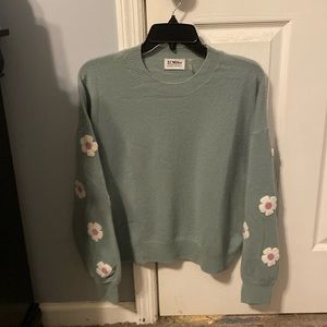 100% Cashmere Embroidered Floral Daisy Appliqué Sage Green Sweater